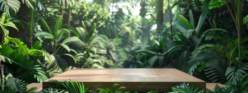 Podium, wooden in tropical jungle background platform surrounded by a dense tropical leaves foliage minimalistic background product display stand stage platform. minimal scene beauty green tones