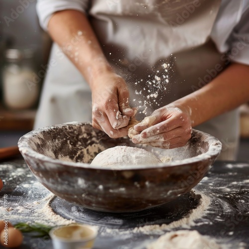 Hands preparing dough closeup, dough in a bowl on rustic kitchen table, hands making pizza, bread