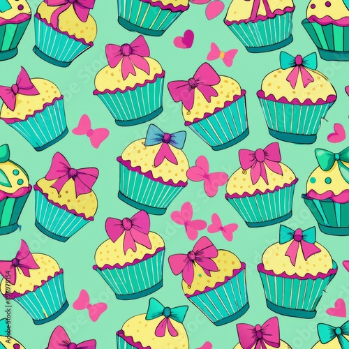 Seamless pattern of cupcakes with bow decorations, Generative AI