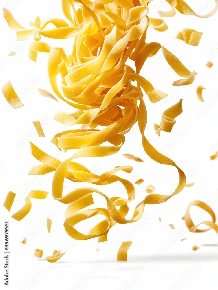 A close up view of raw, yellow Italian pasta falling gracefully against a white background. Generative AI
