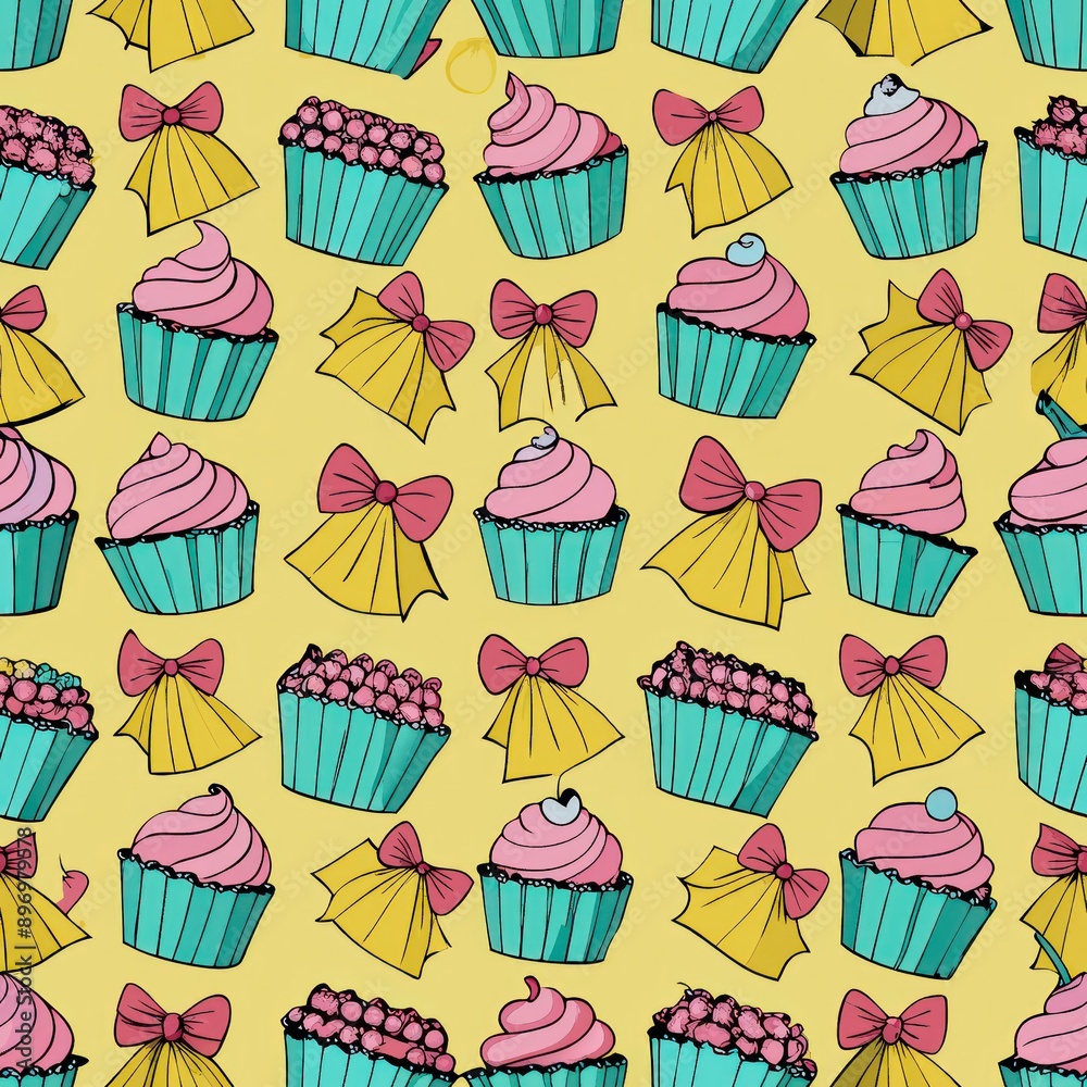 Seamless pattern of cupcakes with bow decorations, Generative AI
