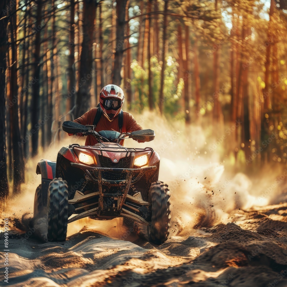 Fototapeta premium Driving modern quad bike in forest. Extreme adventure, ride sport off road, utility vehicle on sandy track