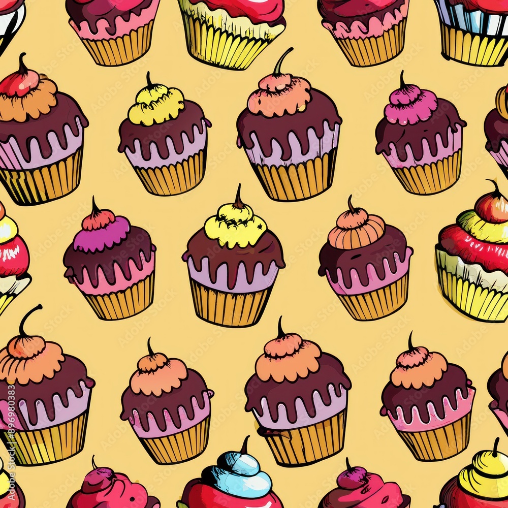 Seamless pattern of cupcakes with chocolate drizzle, Generative AI Seamless pattern of cupcakes with chocolate drizzle, Generative AI