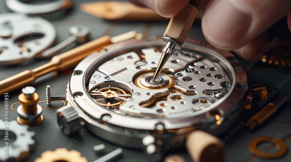 Detailed close-up of a watchmaker adjusting the inner mechanism of a watch with various gears and components visible. Detailed close-up of a watchmaker adjusting the inner mechanism of a watch with various gears and components visible.
