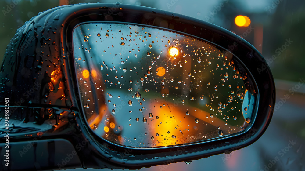 It was raining, the car's side mirror was wet with rainwater, but it still reflected the road and the scenery behind. The mirror captures the image behind in detail. It was raining, the car's side mirror was wet with rainwater, but it still reflected the road and the scenery behind. The mirror captures the image behind in detail.