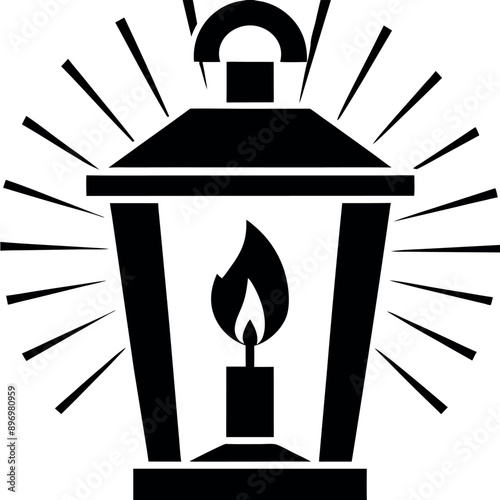 A black and white candle lantern with light rays emanating from it and a candle flame within that points at the bottom