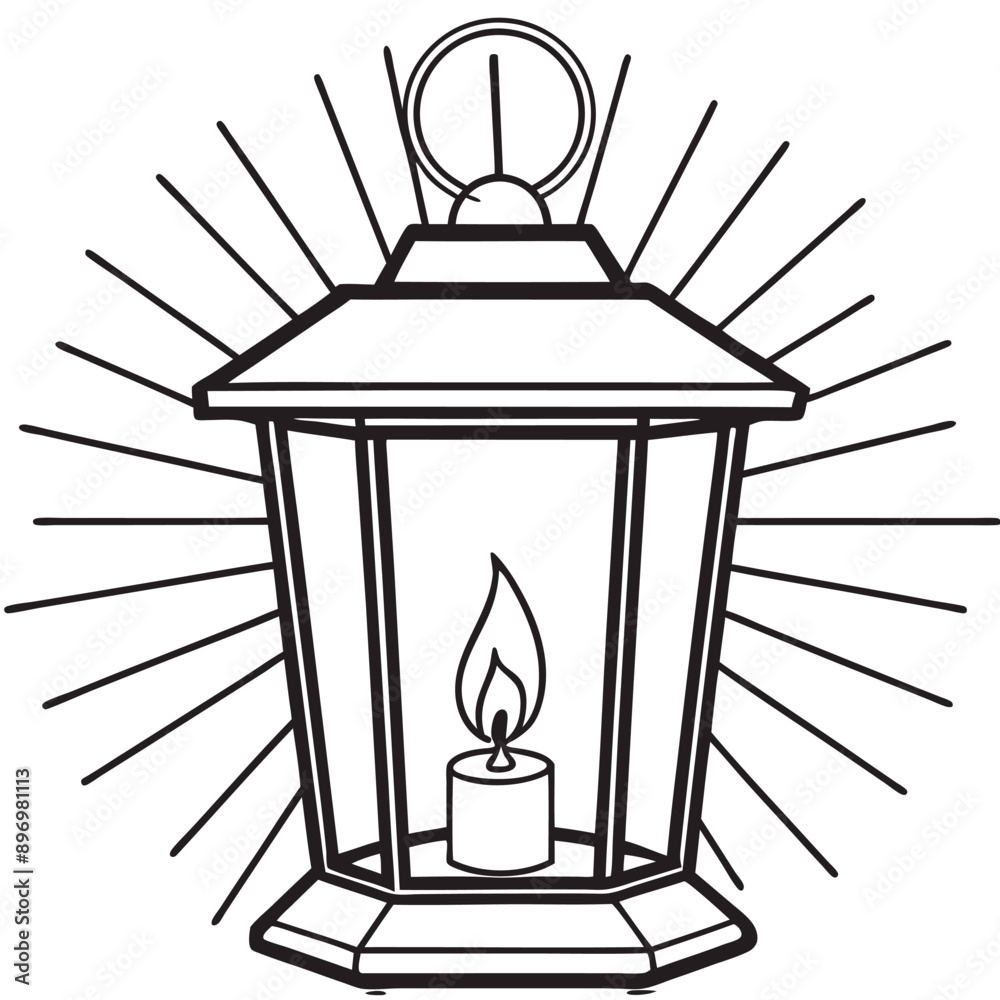 A black and white candle lantern with light rays emanating from it and a candle flame within that points at the bottom A black and white candle lantern with light rays emanating from it and a candle flame within that points at the bottom