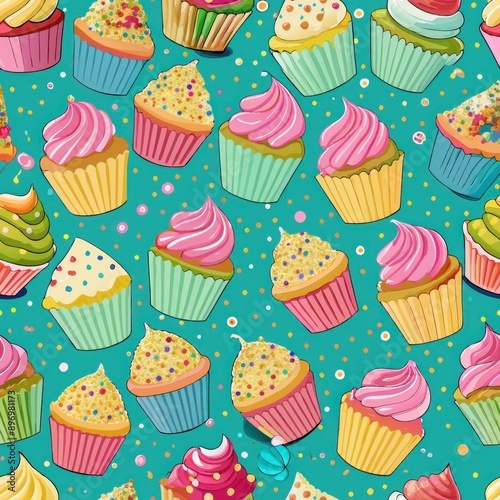 Seamless pattern of cupcakes with colorful sprinkles, Generative AI