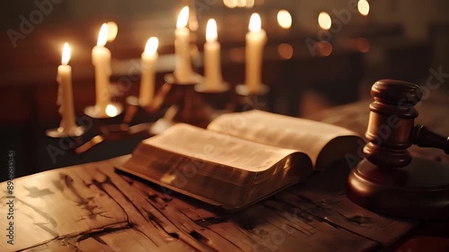Gavel and Open Bible with Candles in Dimly Lit Room Representing Justice and Law