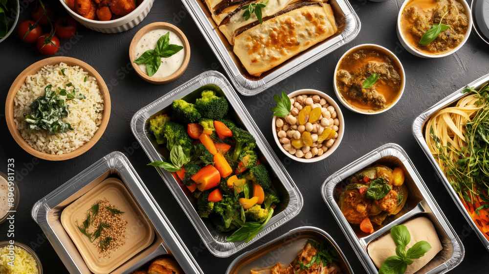 An assortment of take-out food in aluminum containers, including rice, vegetables, pasta, hummus, chickpeas, rolls, and various sauces on a dark background. An assortment of take-out food in aluminum containers, including rice, vegetables, pasta, hummus, chickpeas, rolls, and various sauces on a dark background.