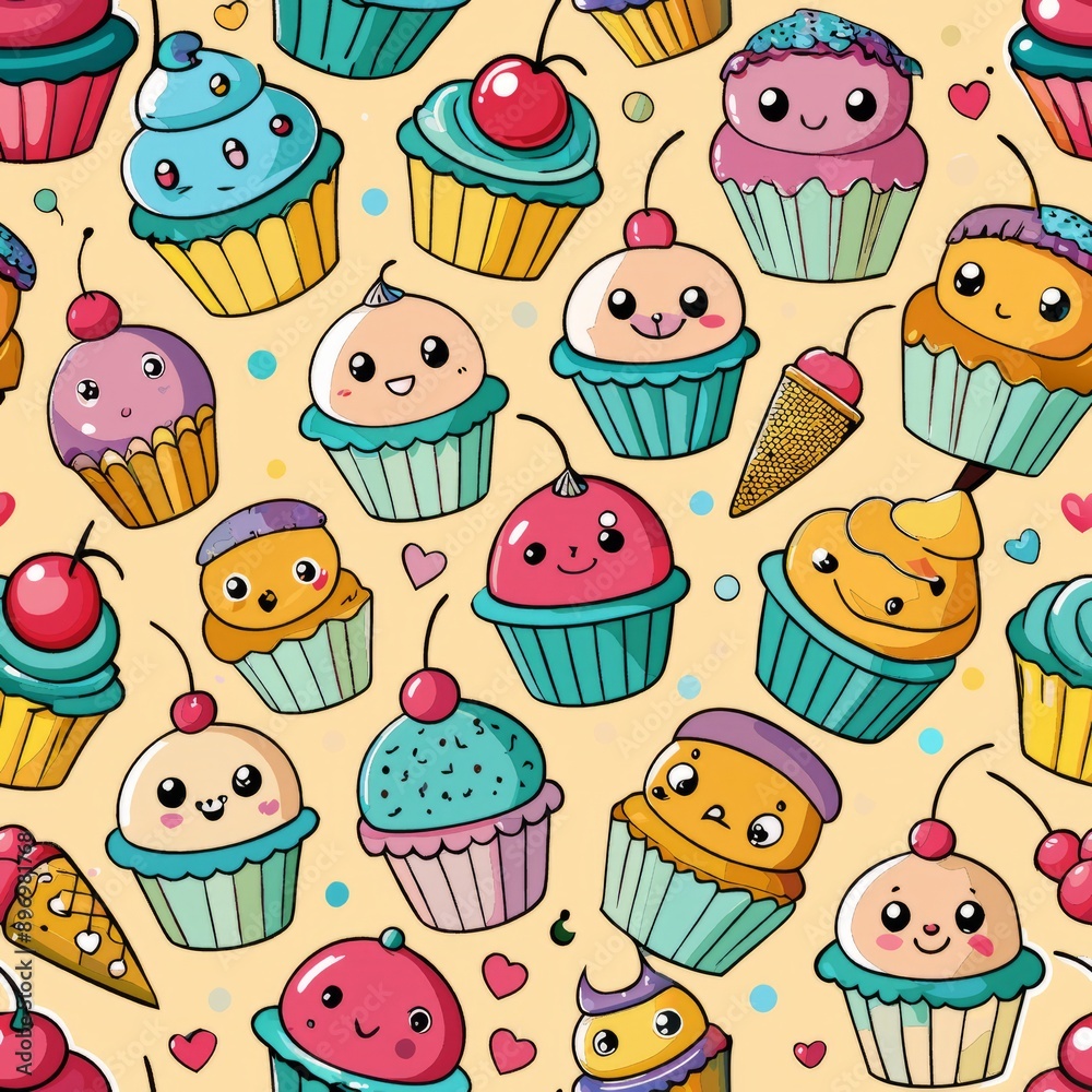 Seamless pattern of cupcakes with cute faces and expressions, Generative AI