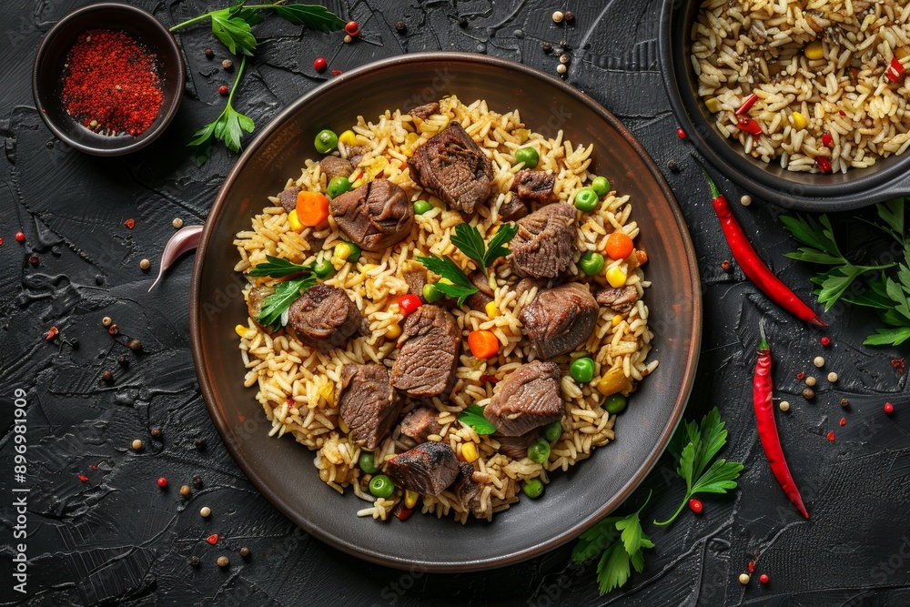 Set of Pilau or Pilaf on Dark Background Top View Set of Pilau or Pilaf on Dark Background Top View