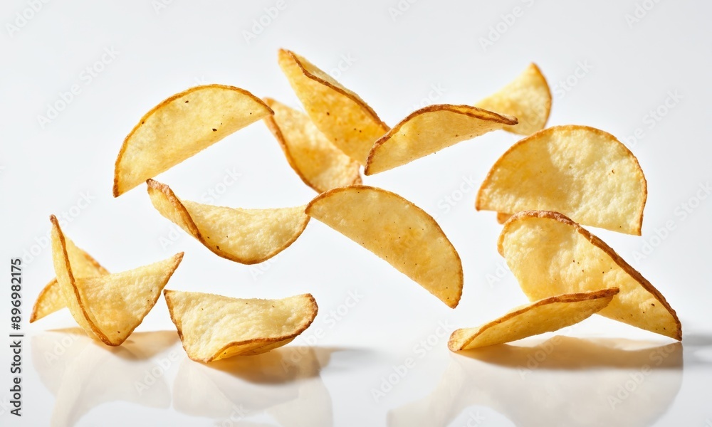 Potato chips falling on white background Potato chips falling on white background