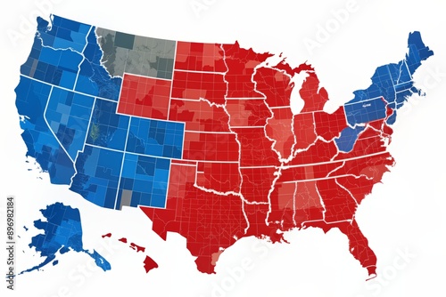 Vibrant electoral map of the United States displays a colorful breakdown of presidential election results, with states shaded in red, blue, and various hues in between. photo