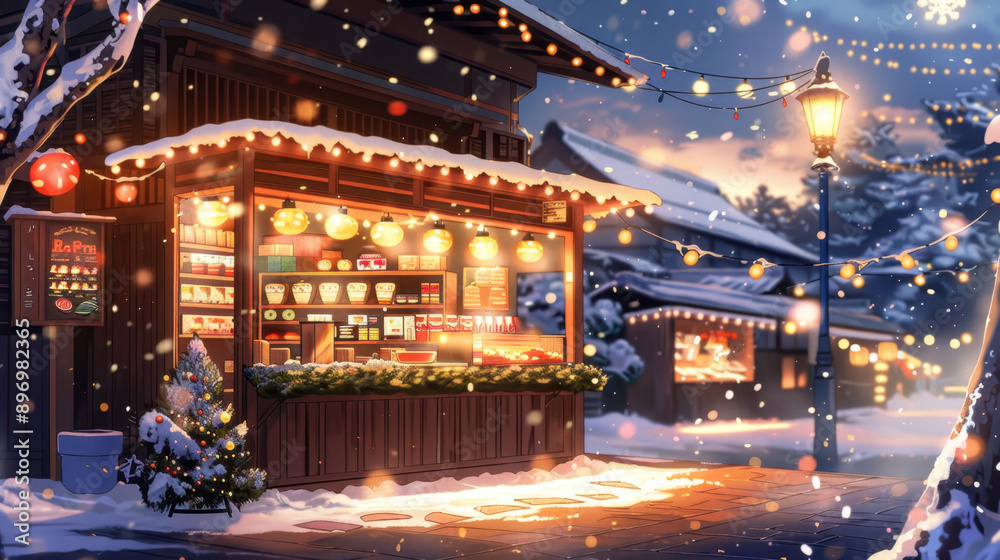 Cozy winter market scene featuring a beautifully decorated stall with glowing lights and snow-covered surroundings Cozy winter market scene featuring a beautifully decorated stall with glowing lights and snow-covered surroundings