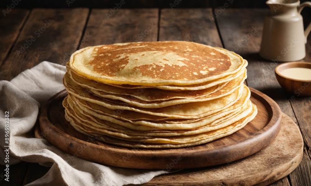 Stack of golden brown pancakes on wooden plate Stack of golden brown pancakes on wooden plate