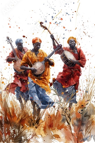 aquatint illustration of African men in traditional dress, playing instruments photo