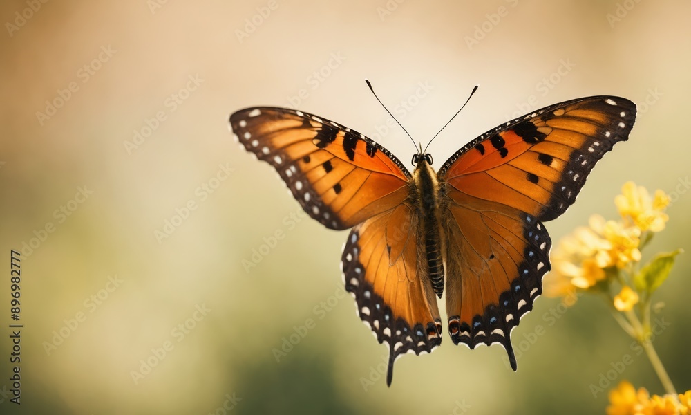 Orange butterfly with black and white markings landing on yellow flowers Orange butterfly with black and white markings landing on yellow flowers