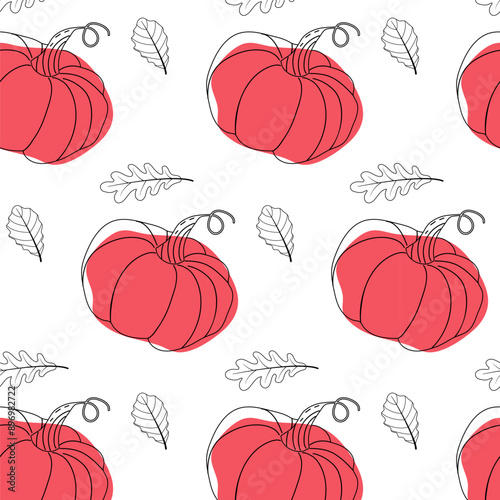 Seamless pattern of pumpkins and leaves in doodle style on a white background. Vector illustration