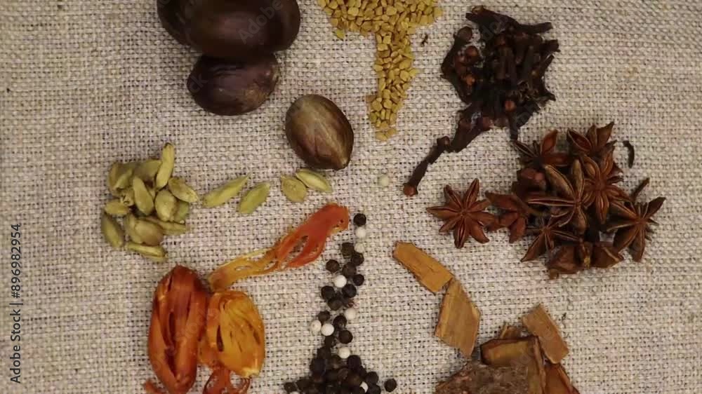Traditional Indian and Asian Curry Spice Set Collection for Cooking. Spices like cardamom, Jhaifal, star anise, Javitri, cinnamon, cloves, methi , black and white pepper  circulation.