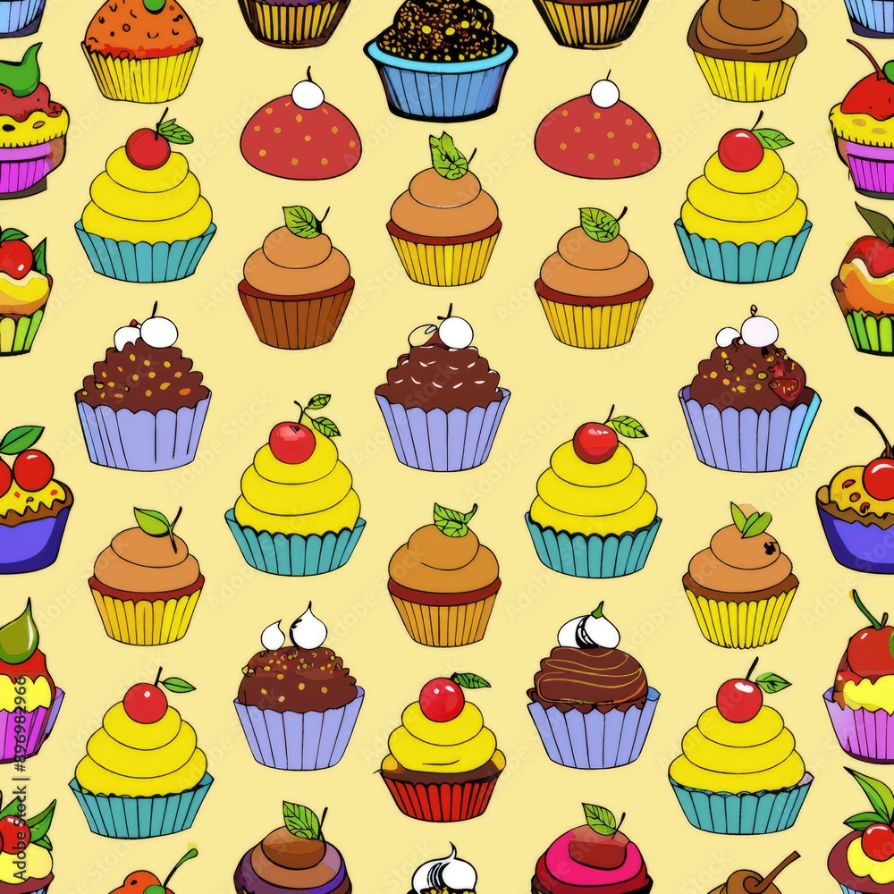Seamless pattern of cupcakes with different flavor indicators like lemon, chocolate, and vanilla, Generative AI Seamless pattern of cupcakes with different flavor indicators like lemon, chocolate, and vanilla, Generative AI
