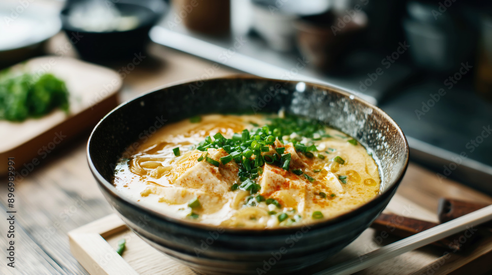 A bowl of ramen noodles with tofu and scallions in a rich, creamy broth on a wooden tray with chopsticks, set on a wooden table. A bowl of ramen noodles with tofu and scallions in a rich, creamy broth on a wooden tray with chopsticks, set on a wooden table.