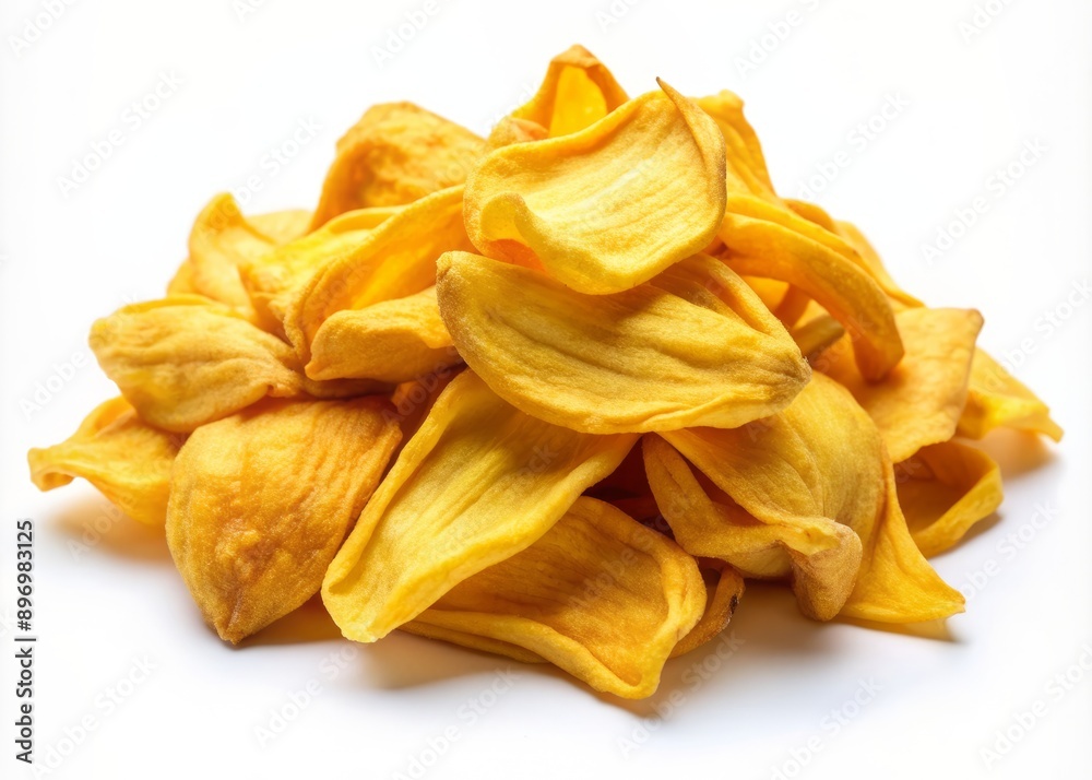 Crunchy golden jackfruit chips scattered on a white background, showcasing the popular Kerala snack's delicate texture and vibrant yellow color. Crunchy golden jackfruit chips scattered on a white background, showcasing the popular Kerala snack's delicate texture and vibrant yellow color.