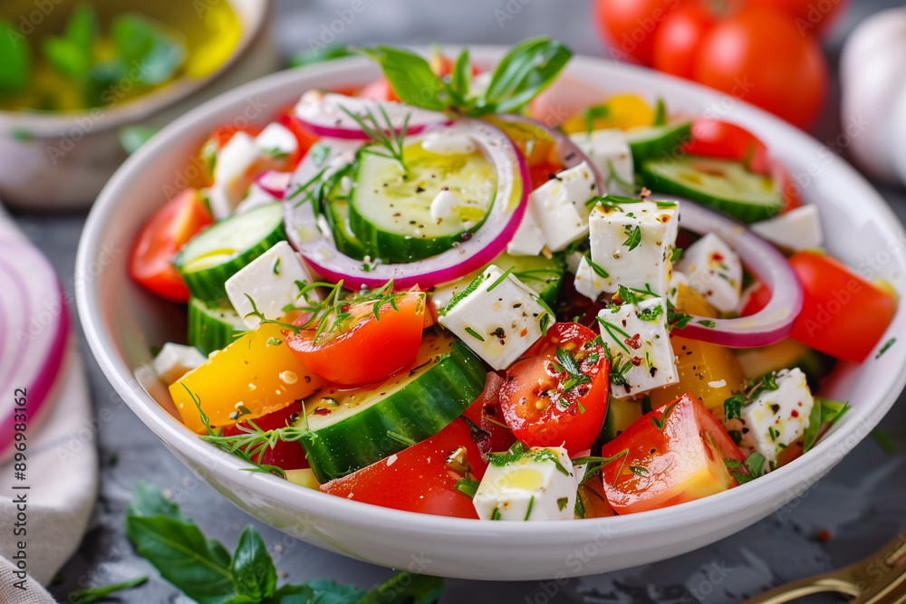 Traditional greek salad. Vegetable salad with feta cheese. Traditional greek salad. Vegetable salad with feta cheese.