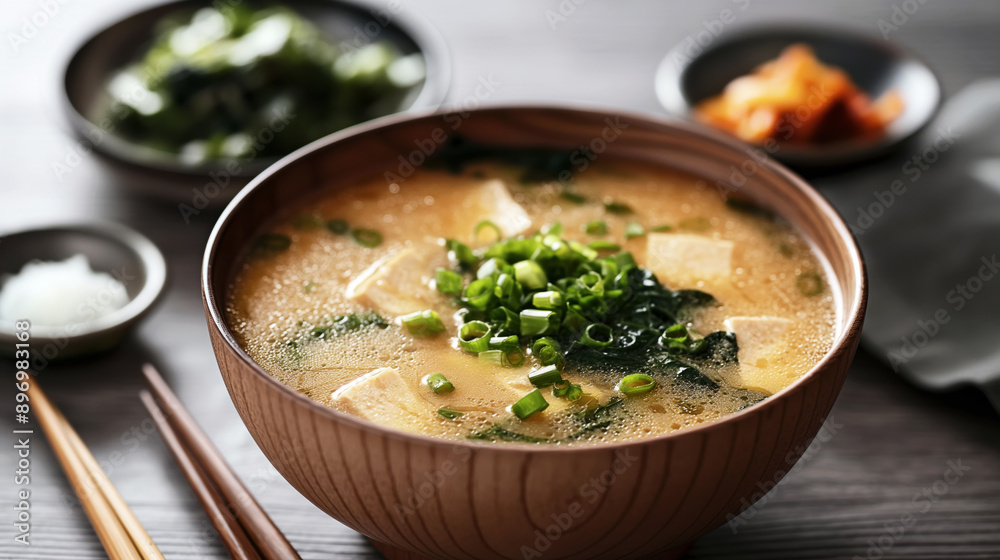 Bowl of miso soup with tofu, seaweed, and green onions, with side dishes and chopsticks on a table. Bowl of miso soup with tofu, seaweed, and green onions, with side dishes and chopsticks on a table.