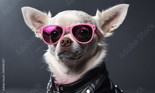 Chihuahua wearing pink sunglasses and a black leather jacket