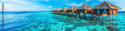 Luxurious Overwater Bungalows in Maldives: Idyllic Tropical Paradise Retreat with Turquoise Lagoon. Exotic Beach Vacation Destination Showcasing Pristine Waters, Romantic Getaway, and Exclusive Resort © Da