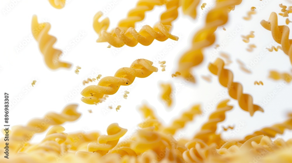 Obraz premium A close-up view of raw fusilli pasta falling against a white backdrop. The pasta is spiraling gracefully through the air, creating a dynamic and elegant composition. Generative AI