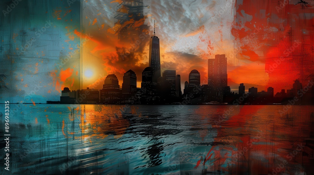 Abstract Urban Skyline at Sunset with Vibrant Colors Reflecting on Water Abstract Urban Skyline at Sunset with Vibrant Colors Reflecting on Water