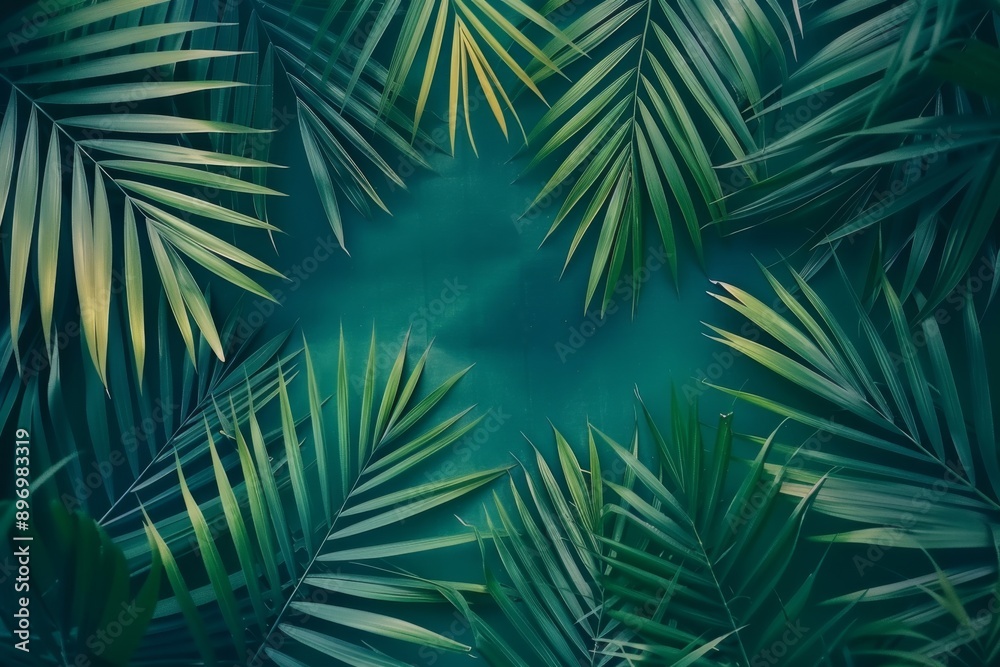 Obraz premium Tropical Palm Leaves on a Lush Green Background for Nature Inspired Design