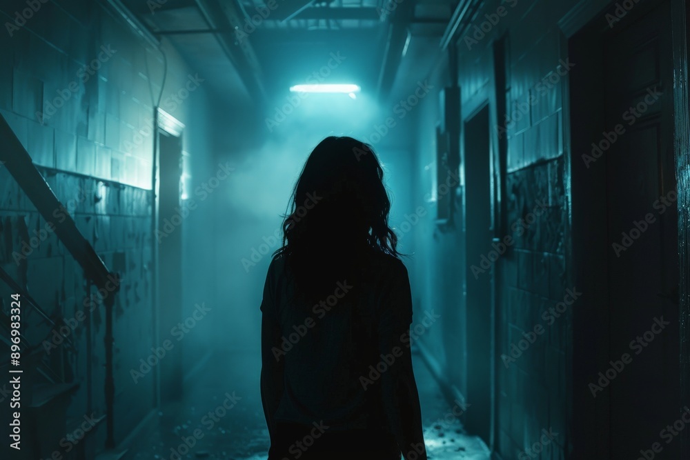 Silhouette of a Woman Walking in a Dark Hallway. Silhouette of a Woman Walking in a Dark Hallway.
