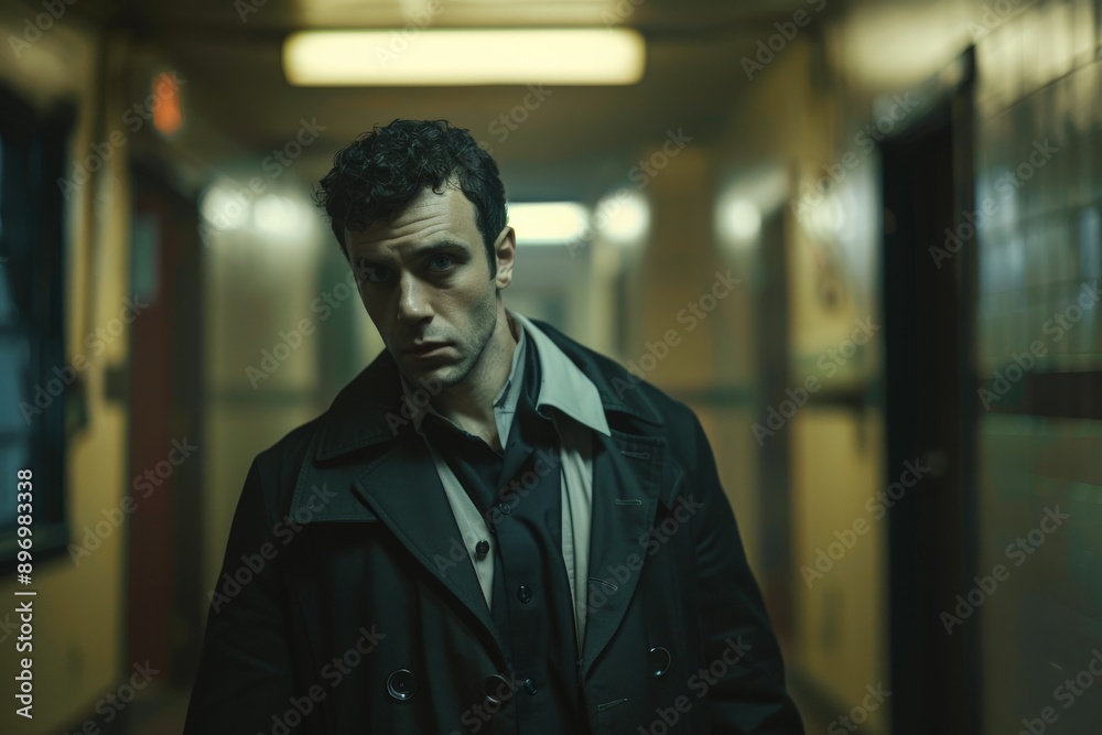Man in Coat Looking Intensely in a Hallway. Man in Coat Looking Intensely in a Hallway.
