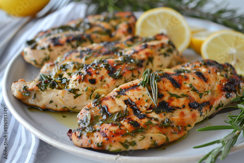 Tasty grilled chicken fillets with garlic, lemon and sauce