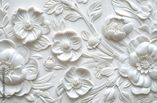 Wallpaper Mural white background with an embossed floral pattern, high resolution Torontodigital.ca