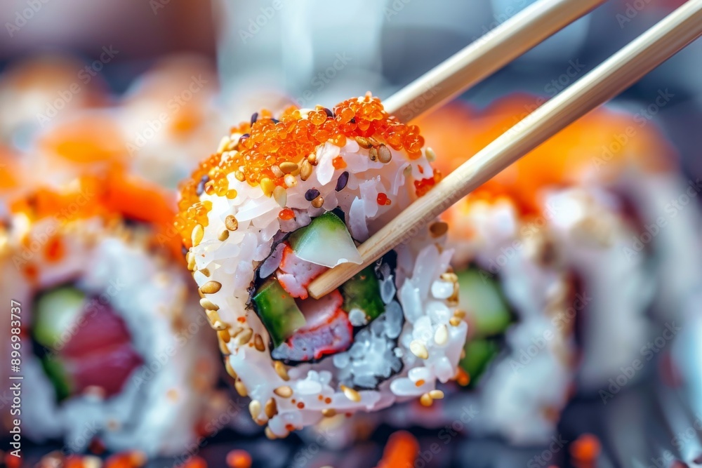 Eating Sushi Rolls with Chopsticks in Hands, Taking Sushi Roll, Eating Susi in Japanese Restaurant Eating Sushi Rolls with Chopsticks in Hands, Taking Sushi Roll, Eating Susi in Japanese Restaurant