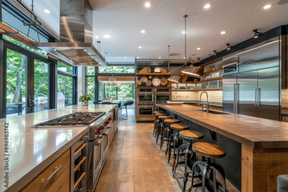 Luxury kitchen with black and white countertops, wooden cabinets and stools. Northwest, USA Luxury kitchen with black and white countertops, wooden cabinets and stools. Northwest, USA