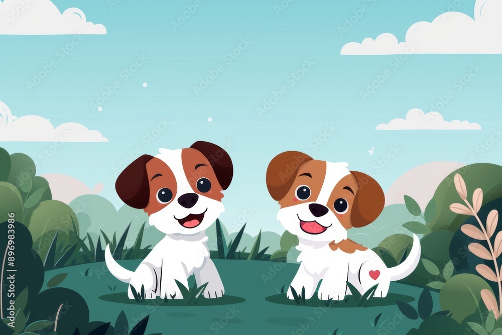 playful puppies frolicking in a grassy field captures the joyful and carefree nature of these adorable animals amidst a vibrant and simplified outdoor setting.