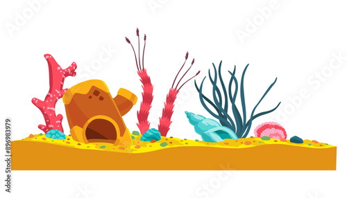 Aquarium decoration, different colorful algae, shells and sand. Underwater life scene. Beautiful vector glass aquarium accessories set in flat style on white