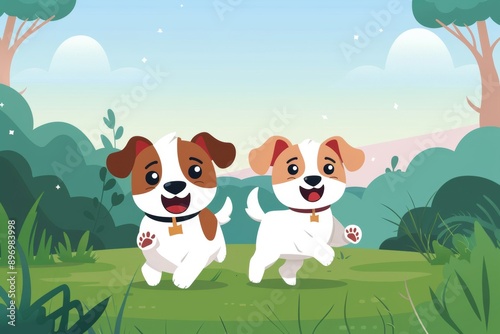 playful puppies frolicking in a grassy field captures the joyful and carefree nature of these adorable animals amidst a vibrant and simplified outdoor setting. © Thi