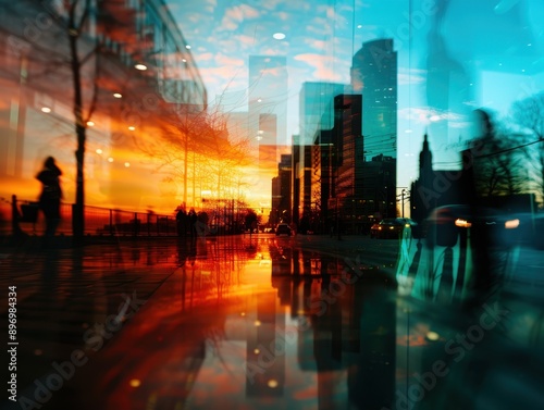 Vibrant Urban Sunset Reflection with Silhouetted Skyscrapers and Blurred Pedestrians