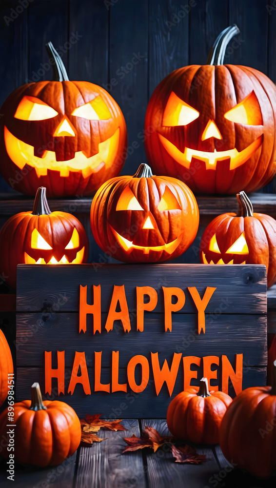 Text Happy Halloween, scary carved glowing pumpkins, festive background, jack-o-lantern, October 31. holiday, poster, template