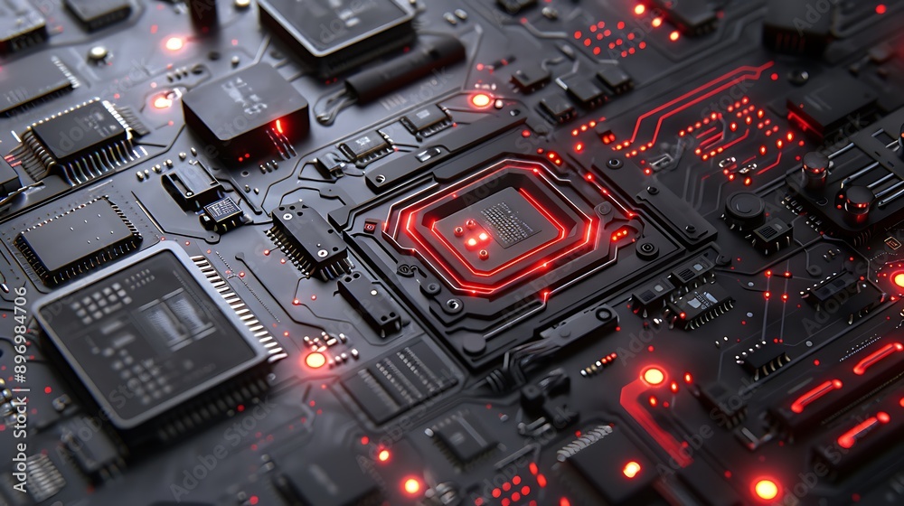 Fototapeta premium Close-Up of a High-Tech Circuit Board with Glowing Components and Intricate Patterns for Technology Enthusiasts