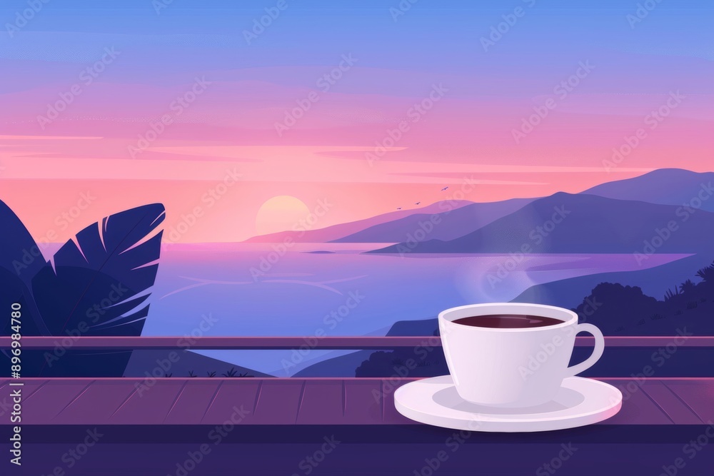 a calm morning coffee scene with a serene sunrise view, featuring a simple yet elegant depiction of a coffee cup and a tranquil sunrise.