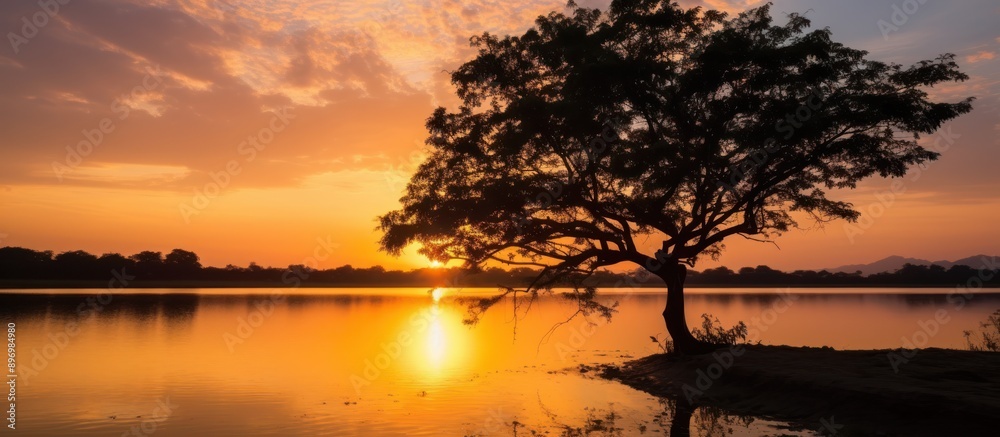Silhouette of a Tree at Sunset Over a Lake Silhouette of a Tree at Sunset Over a Lake
