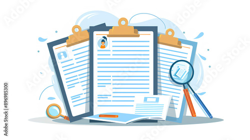 Three pages of documents, clipboards and magnifying glasses on the table in the style of cartoon.