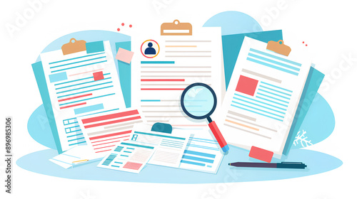Three pages of documents, clipboards and magnifying glasses on the table in the style of cartoon.
